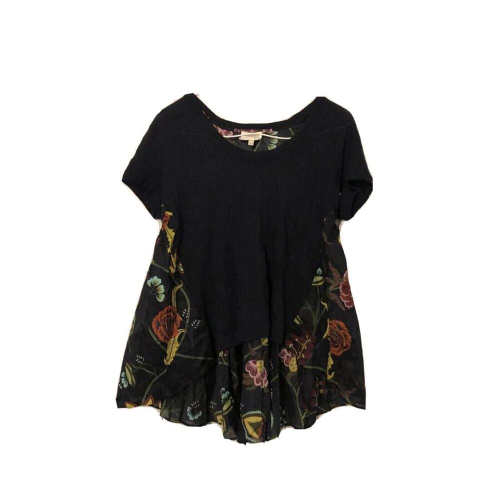 Deletta Anthropologie Blouse Shirt Top Womens Size XS Floral Short Sleeve Linen